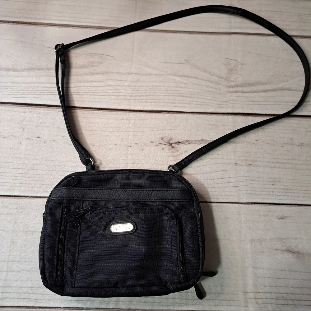 Multisac Black And Blue Pin Stripe Crossbody Purse Lots Of Pockets